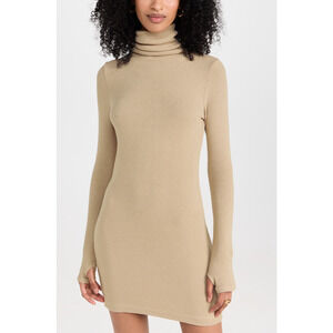 Enza Costa Knit Turtleneck Tan Tunic Long Sleeve Mini Dress Size XS